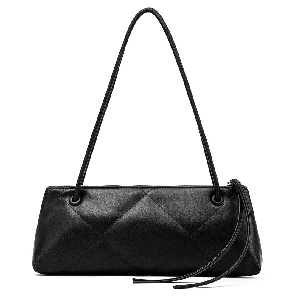 Black Quilted Diamond Baguette Shoulder Bag Faux Leather Tassel Zip Top